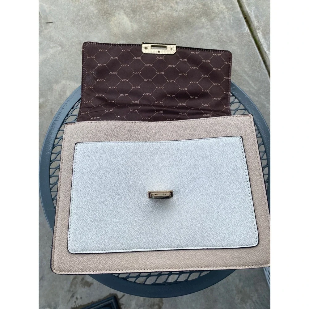 ALDO Colorblock Top Handle Satchel Tan Cream Scarf Accent Luxury‎ Handbag Style